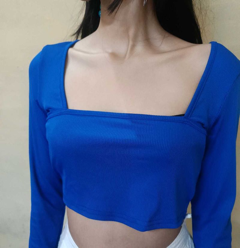Royal Blue Ribbed Square Neck Crop Top