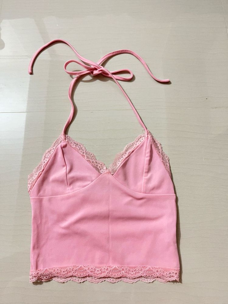 Pink Lace Trim Halter Top