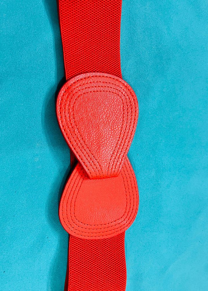 Red Elastic Belt with Faux Leather Detail