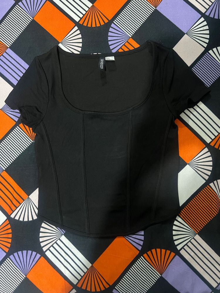 H&amp;M black fitted corset style ribbed top