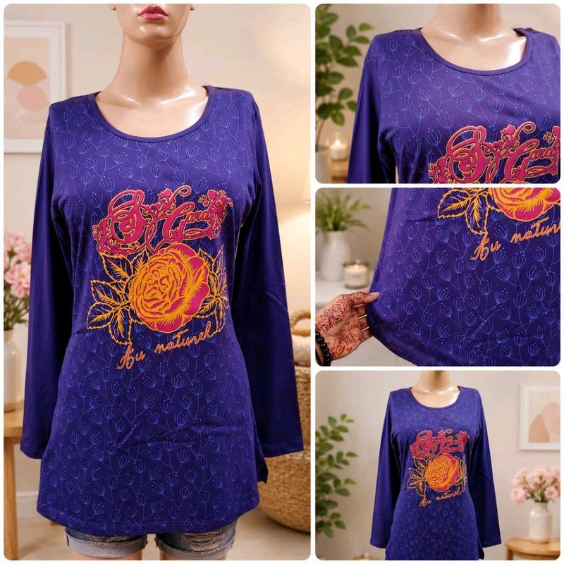 Purple Long Sleeve Tunic Top with Rose Print