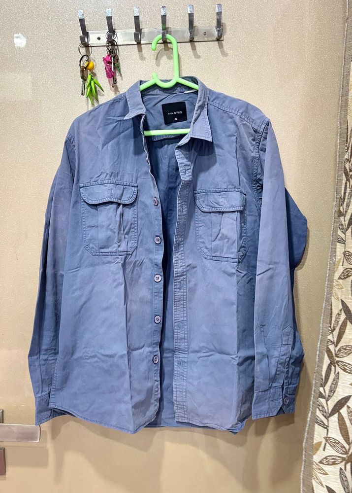 Men's Blue Casual Button-Up Baggy Shirt