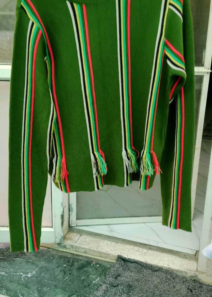 Green Striped Sweater with Tassels