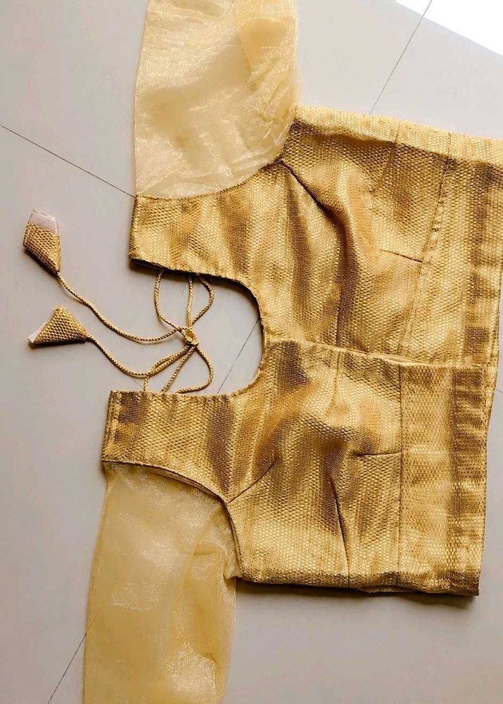 ✨ Brand New Elegant Gold Blouse with Net Sleeves