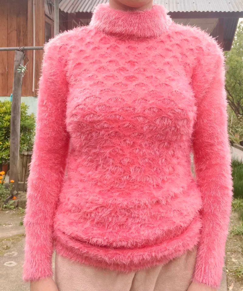 New Cozy Pink Fuzzy Turtleneck Sweater