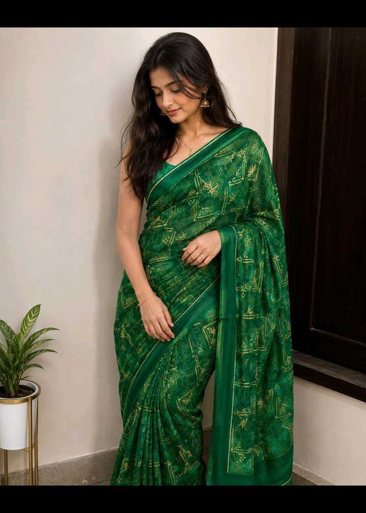 Elegant Green Saree with Golden Print