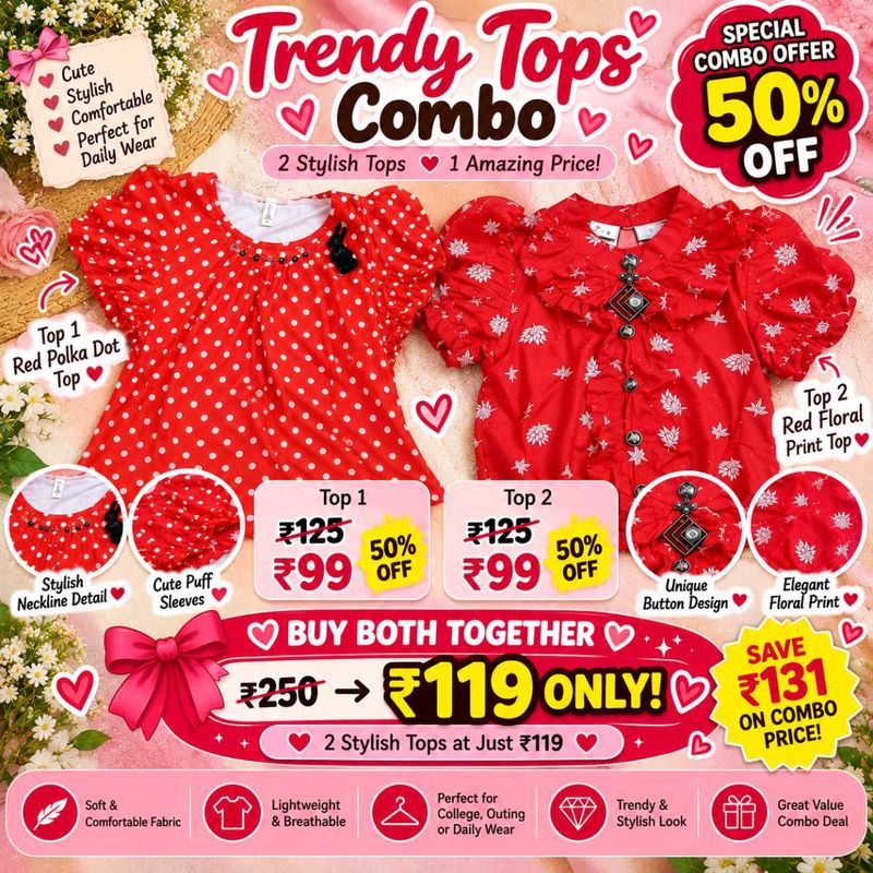 Trendy Tops Combo: Red Polka Dot &amp; Floral Print