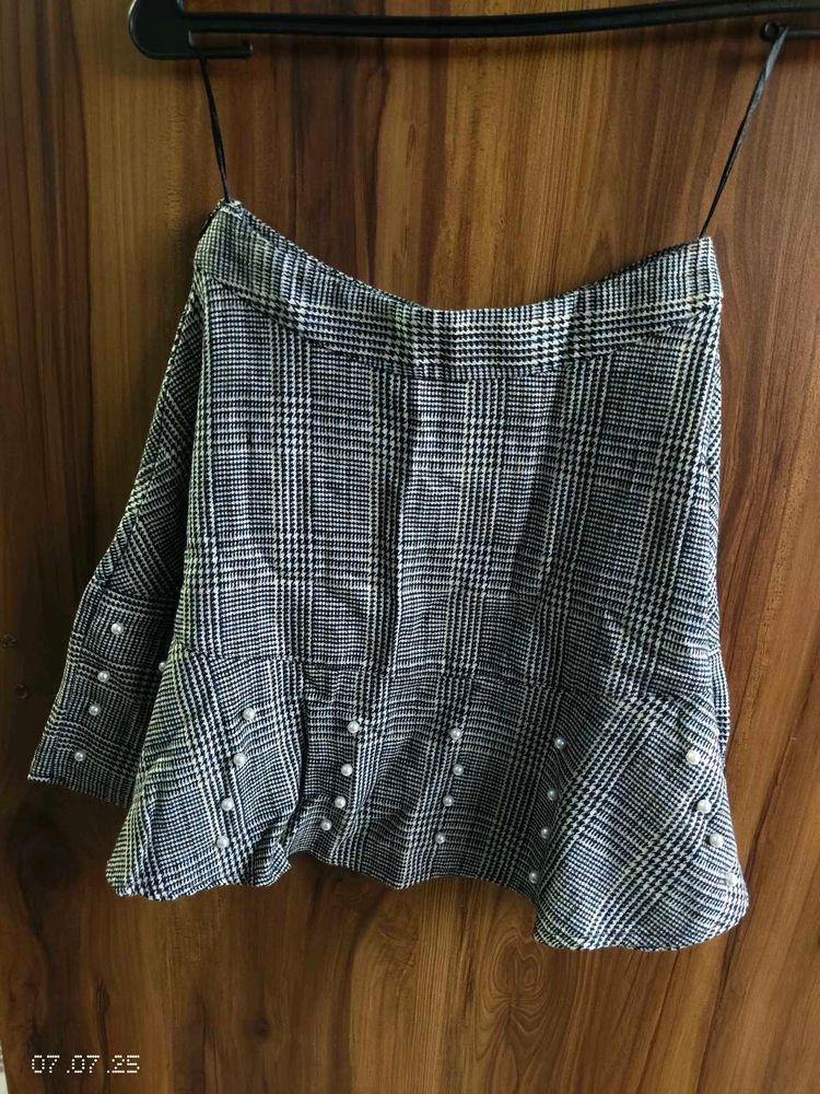 Plaid Mini Skirt With Pearl Design