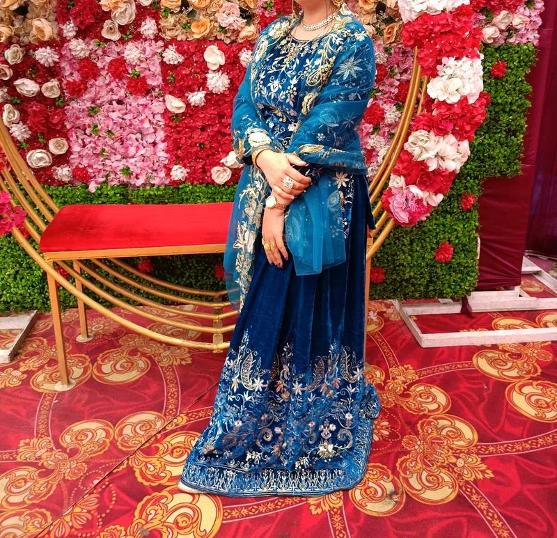 Velvet Blue Embroidered short kurti with skirt