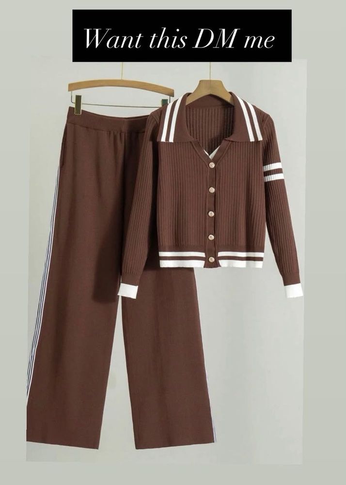 Brown Knit Cardigan &amp; Wide Leg Pants Set