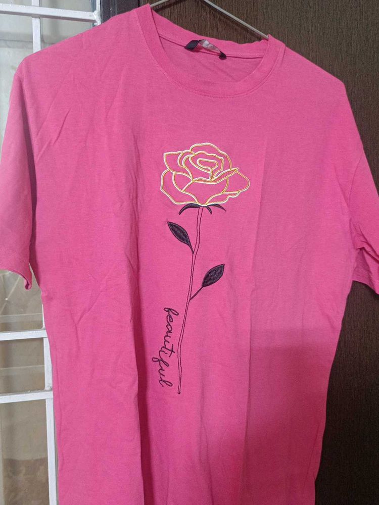Pink Rose Embroidered T-Shirt