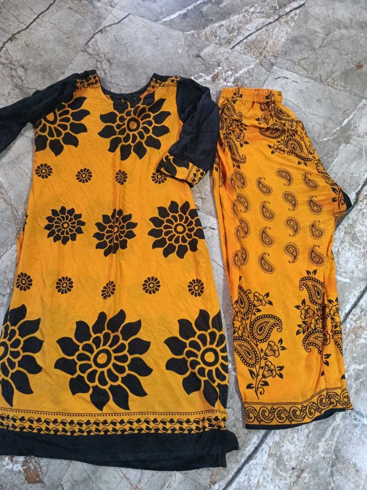 Yellow Kurta with Black Floral Print