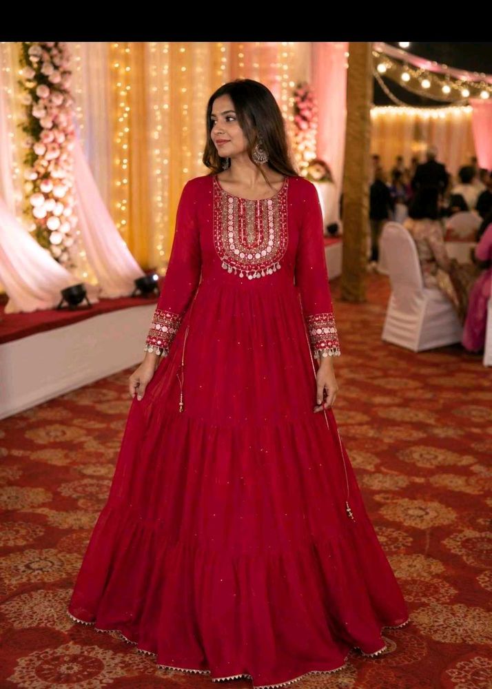 Elegant Red Tiered Anarkali Gown