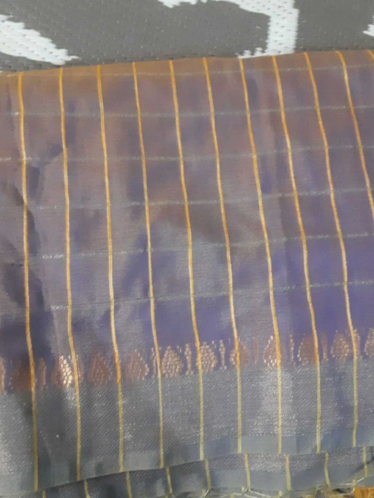 Elegant Blue Saree with Golden Stripes