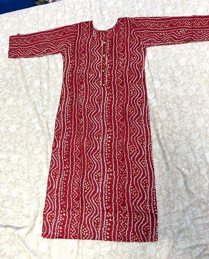 Red Bandhani Print Kurta with  buttons in