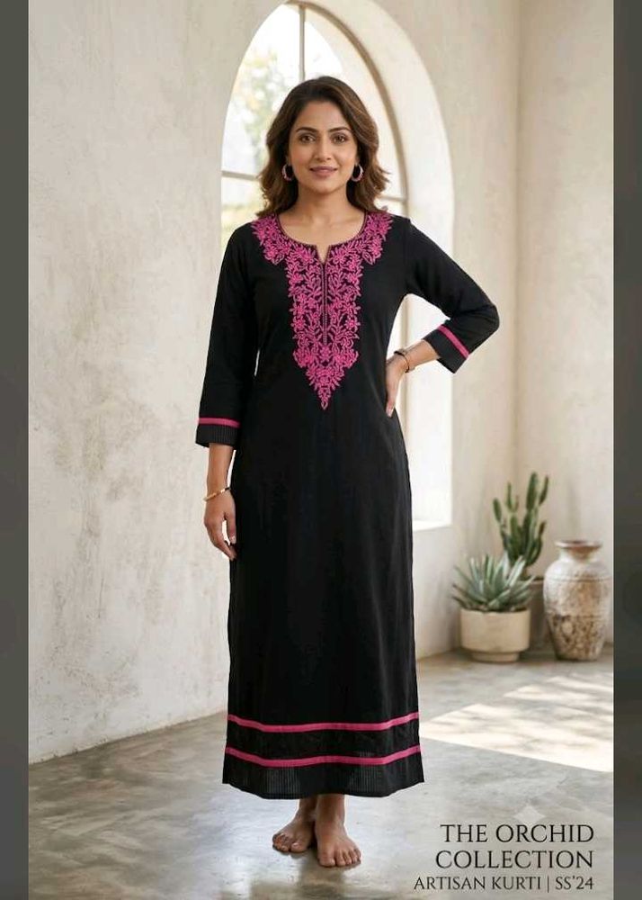 Black Kurta with Pink Embroidery