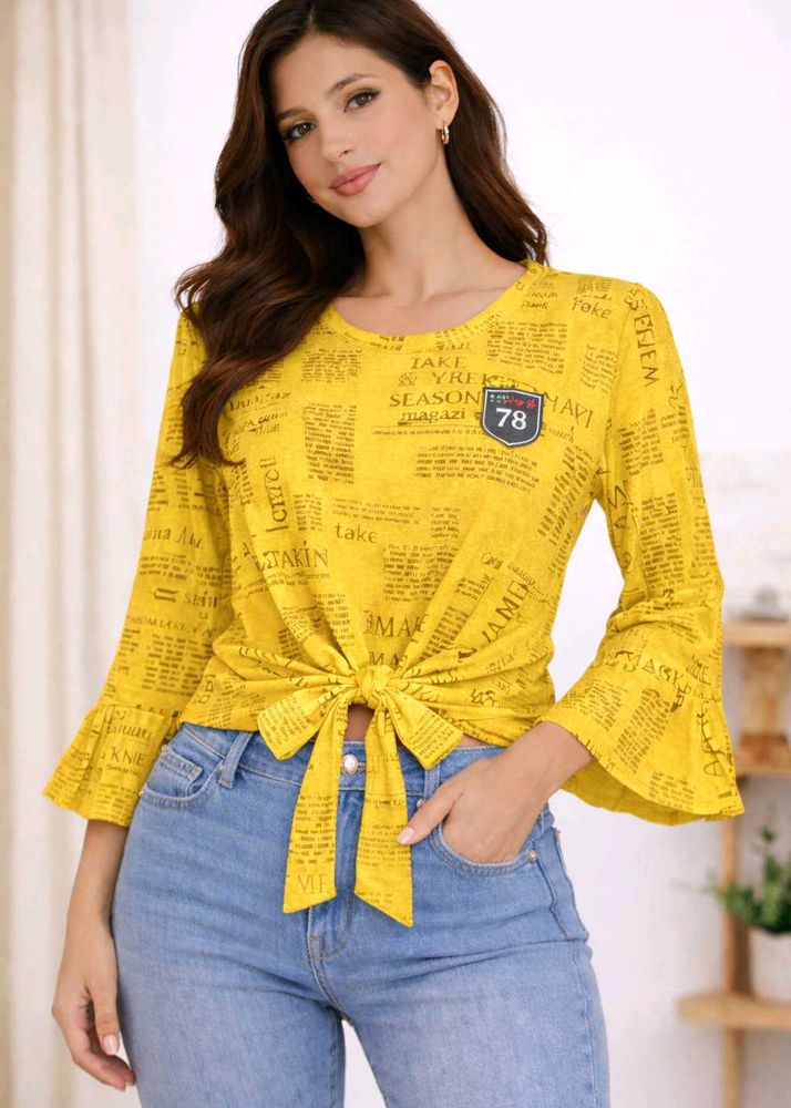 Newspaper Print Tie-Front Bell Sleeve Top (yellow)