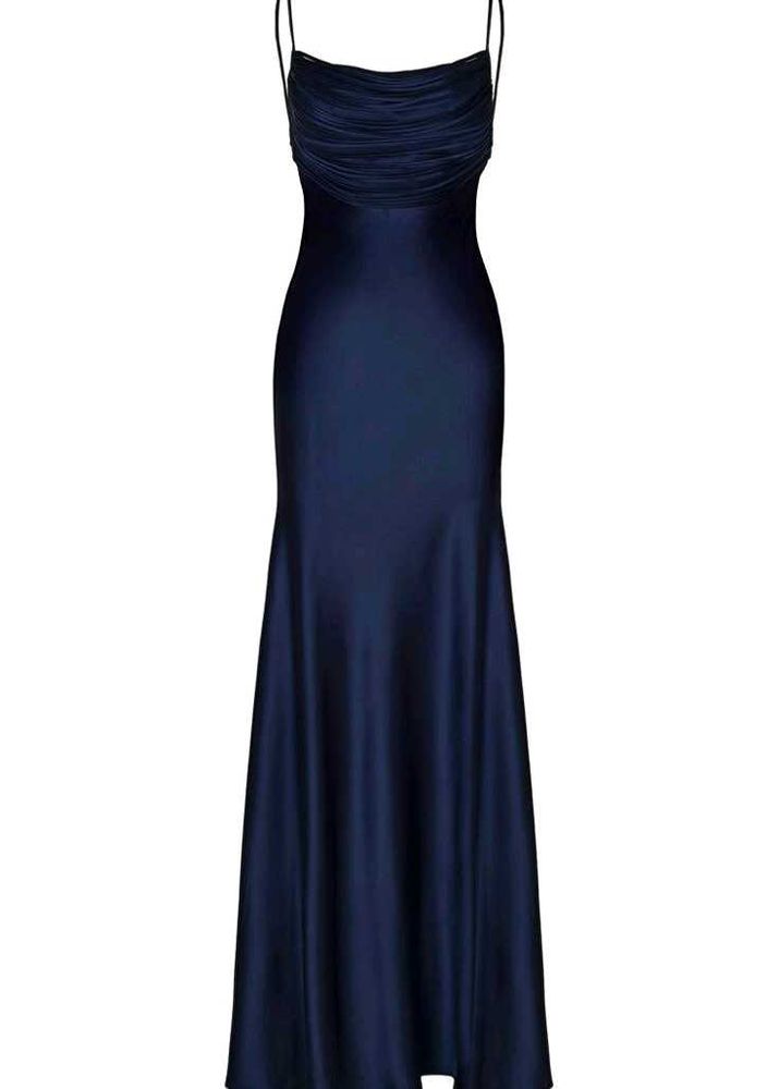 Elegant Navy Blue Satin Maxi Dress – Ruched Neckli
