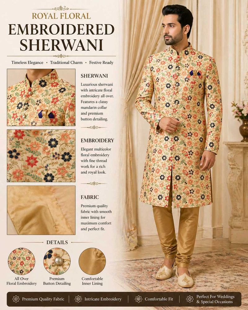 only 1 Time used Floral Sherwani