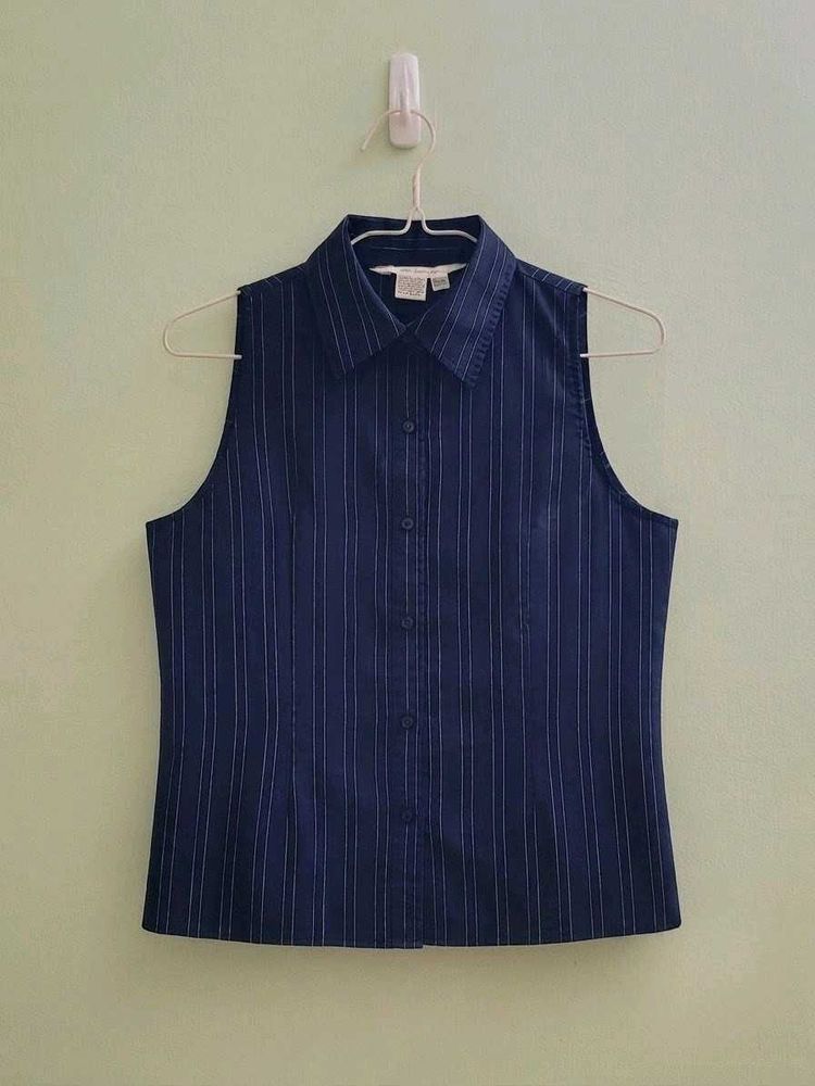 Sleeveless Pinstripe Button-Up Shirt