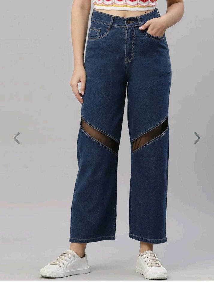 Stylish Wide-Leg Jeans with Mesh Detail