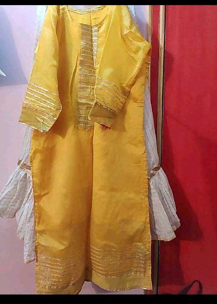 Yellow Kurta Set with Gold Embellishments