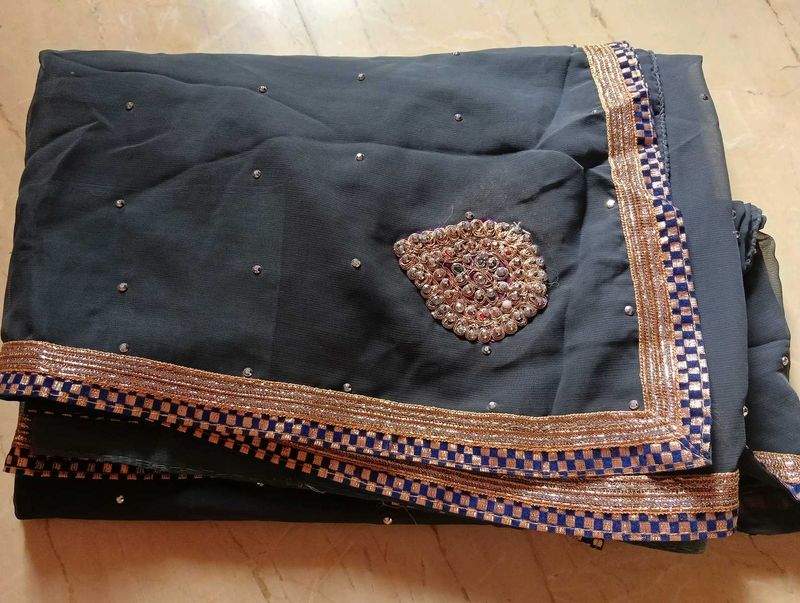 Embellished Grey Georgette Saree