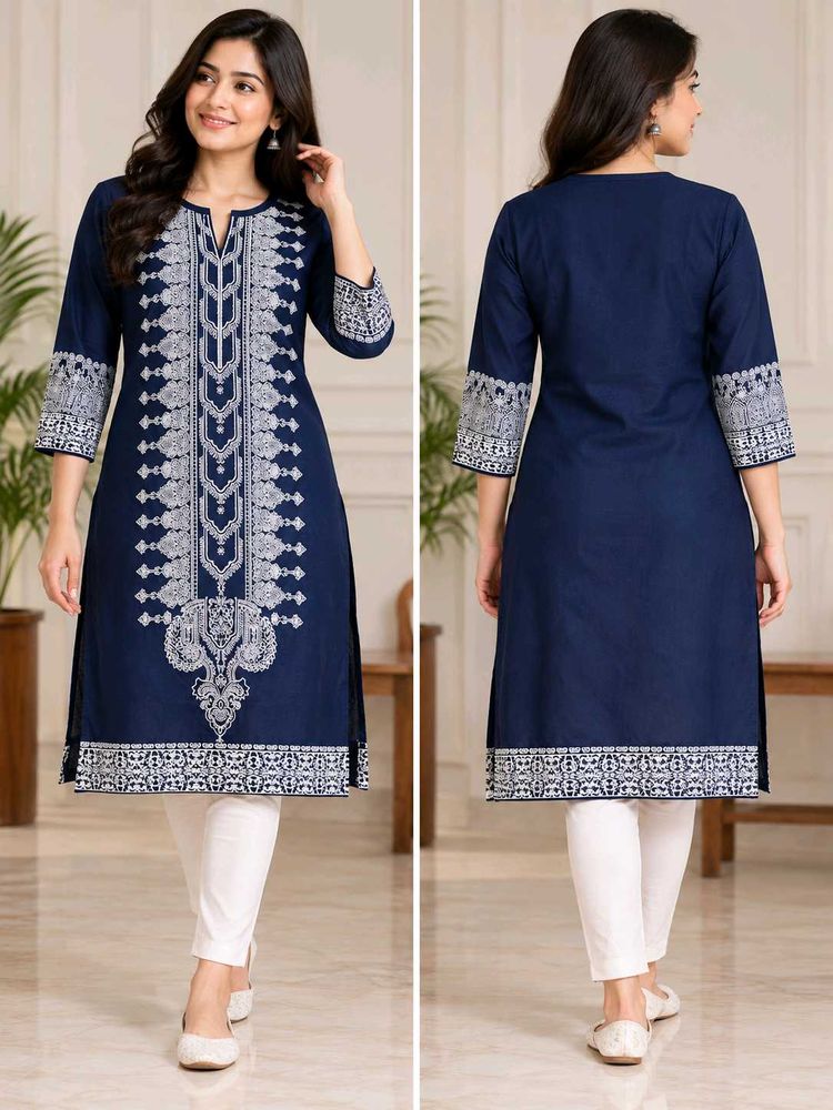 Elegant Navy Blue Embroidered Kurta