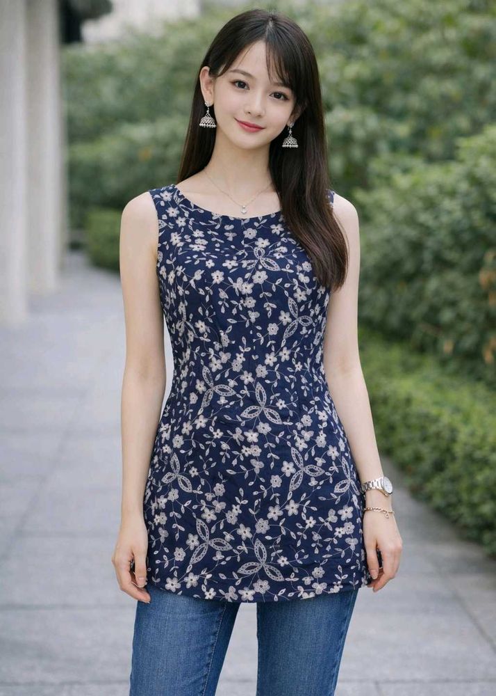 Mid-Thigh Floral Kurti with Back Zip