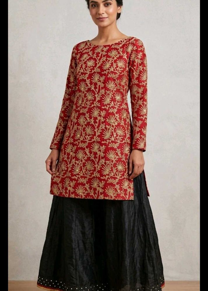 Red Embroidered Kurta With Black Skirt