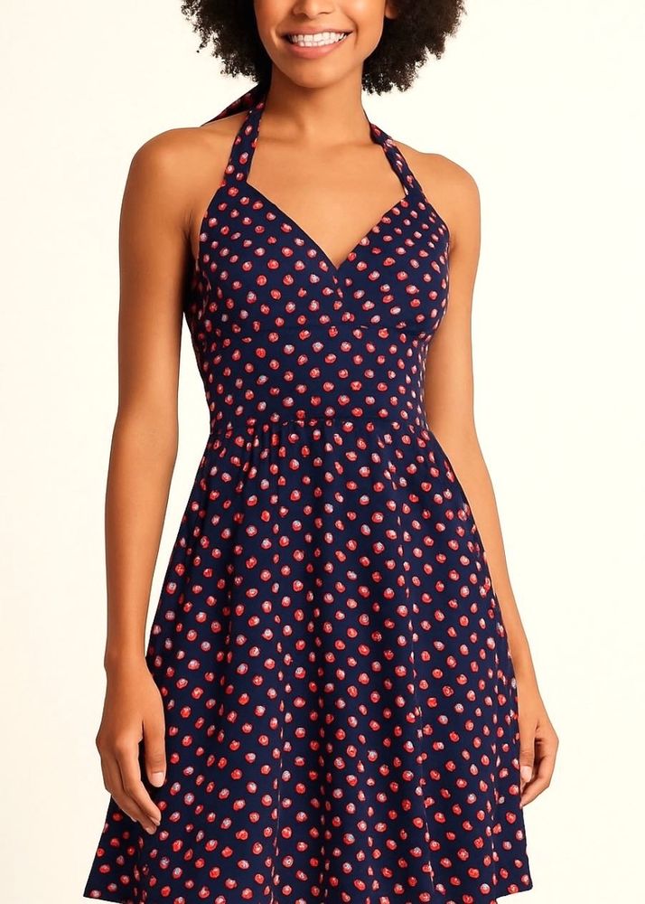 Navy &amp; Pink Polka Dot Halter Dress