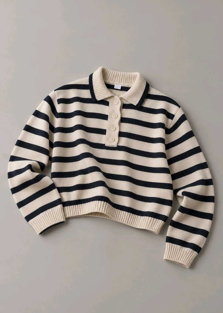 CREAM &amp; NAVY STRIPED CROPPED POLO KNIT SWEATER