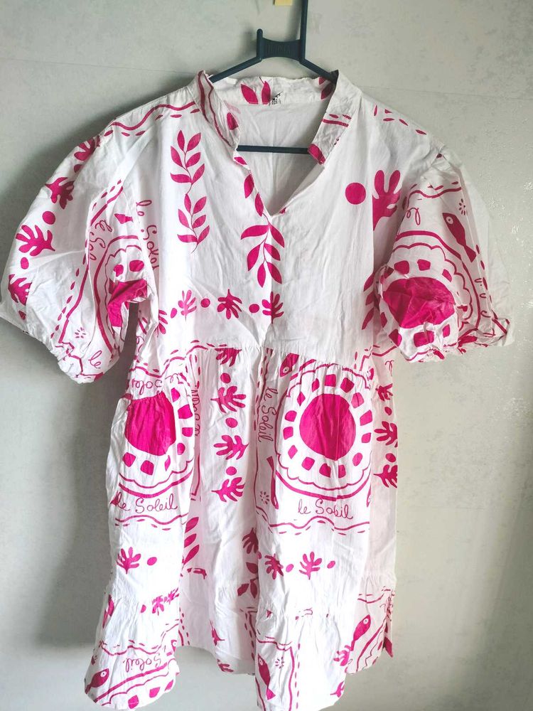 White Dress with Pink Tropical Print
