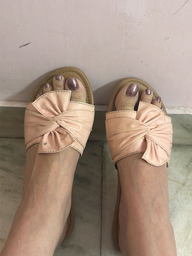 Peach Bow Slip-On Sandals