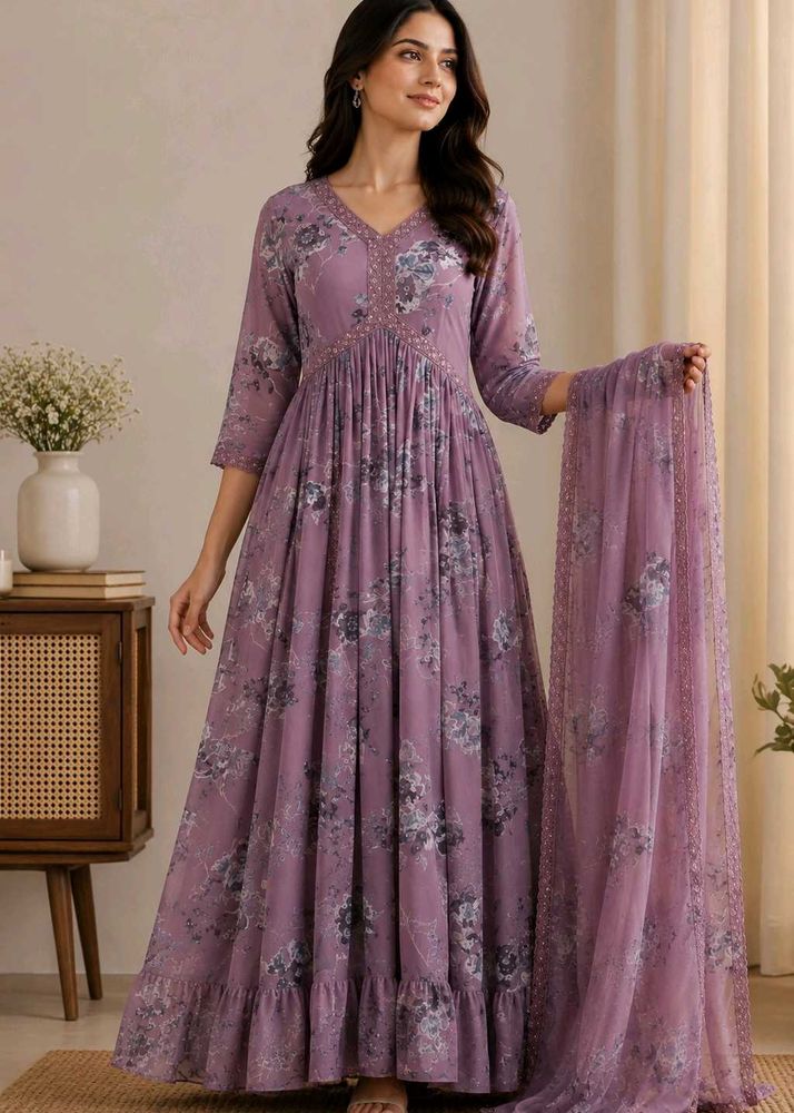 Purple Floral Kurtha Set