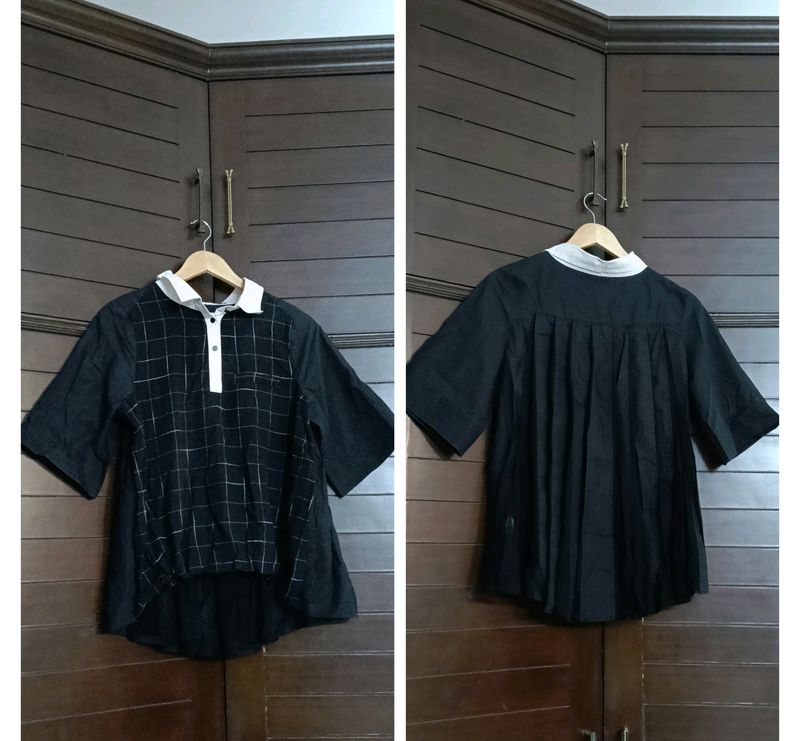 Women Black Shirt Pleated Check Top