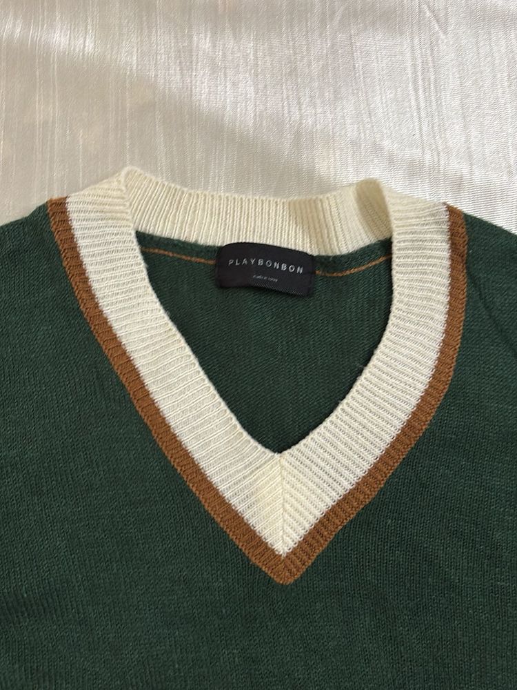 Green V-Neck Korean Sweater