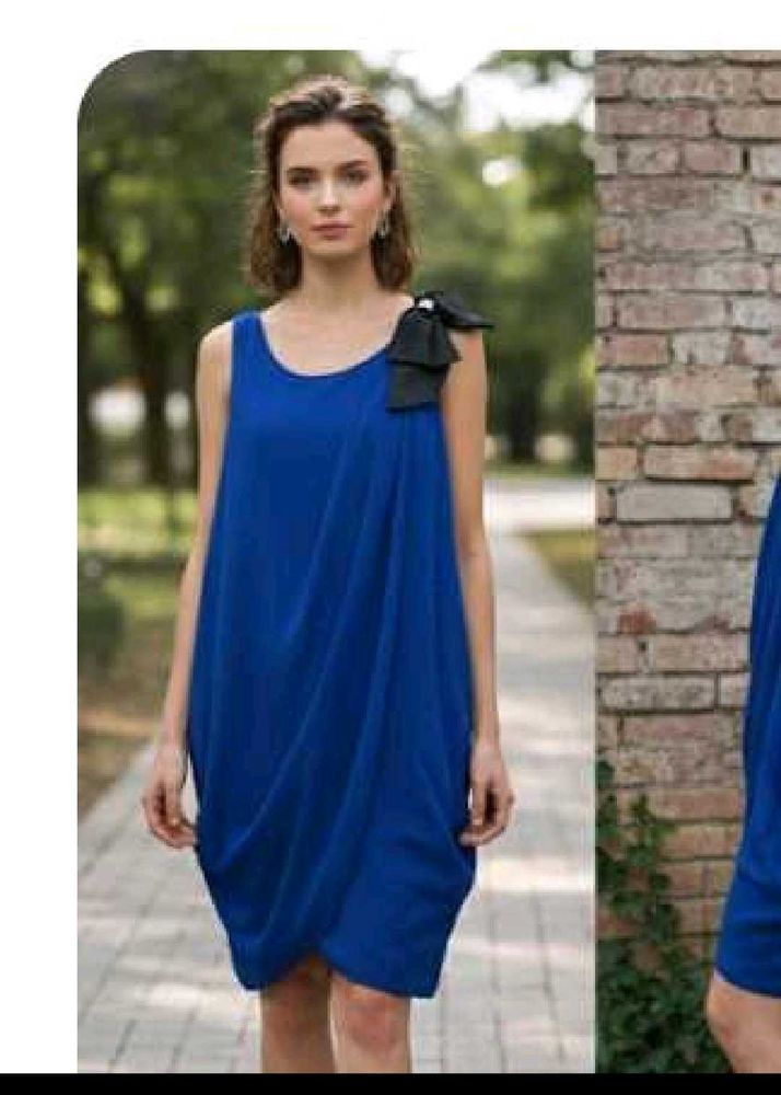 Blue Draped Bow Detail Dress