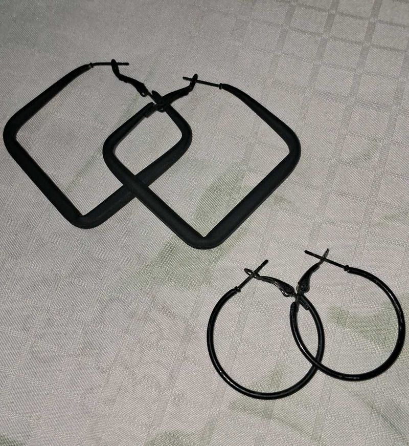 Black Square &amp; Round Hoop Earrings Set
