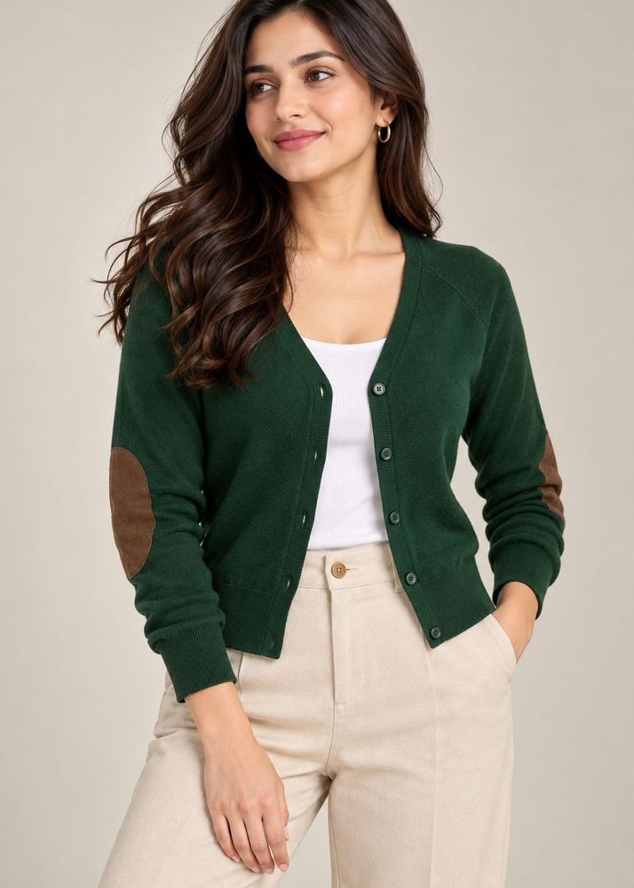 Zara Green V-Neck Cardigan with Elbow Patches