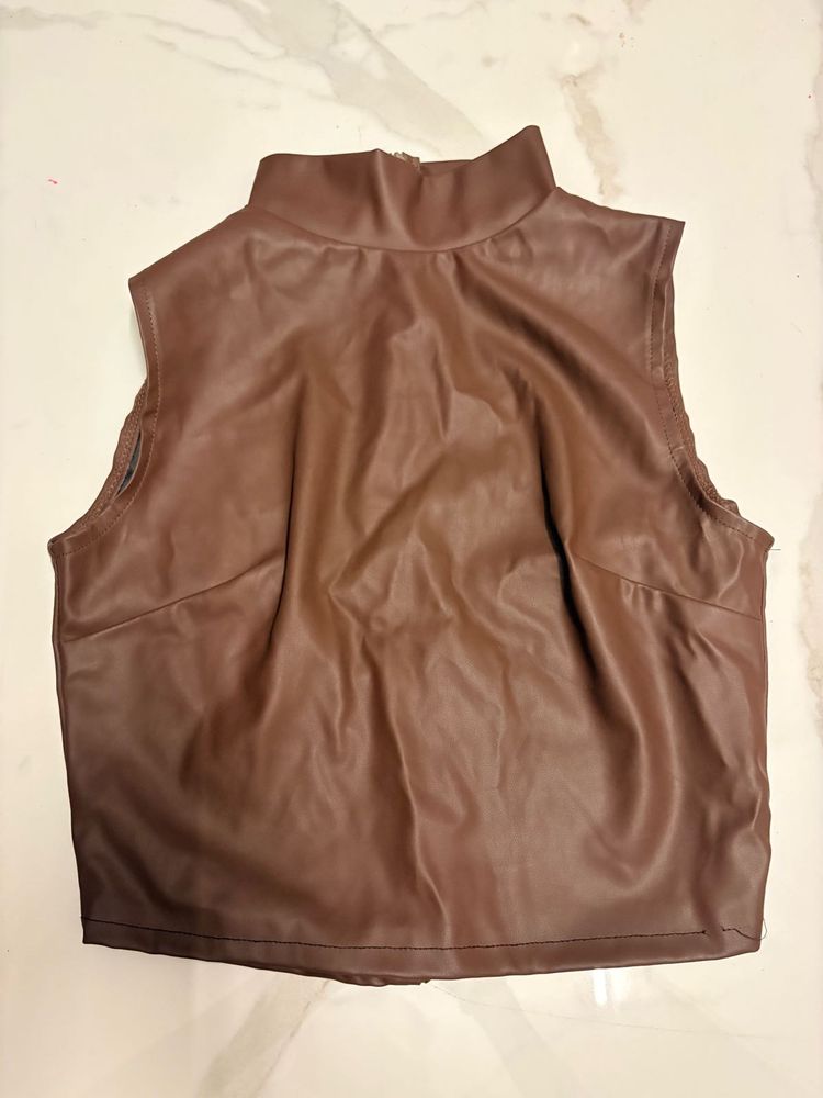 Brown Faux Leather Mock Neck Top