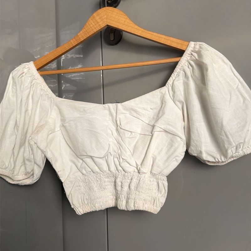 SPYKAR White Puff Sleeve Smocked Crop Top