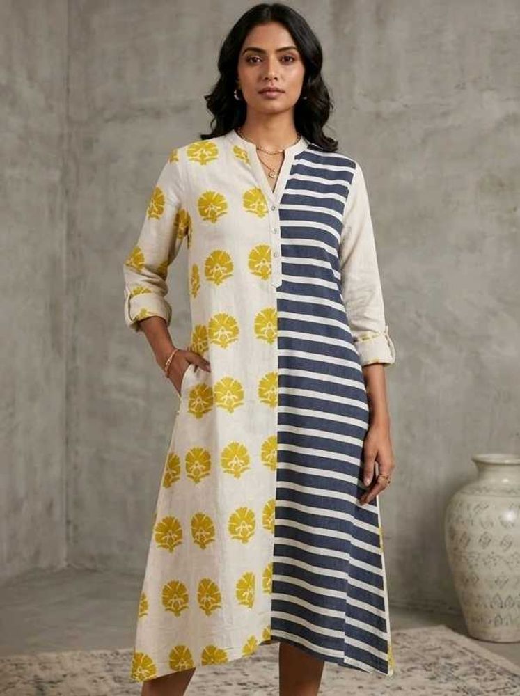 Kurta with Floral and Stripe Print