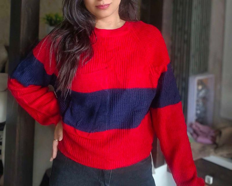 Red &amp; Navy Striped Pullover
