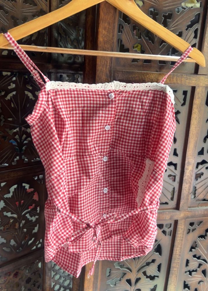 Red Gingham Crop Top with Lace Trim