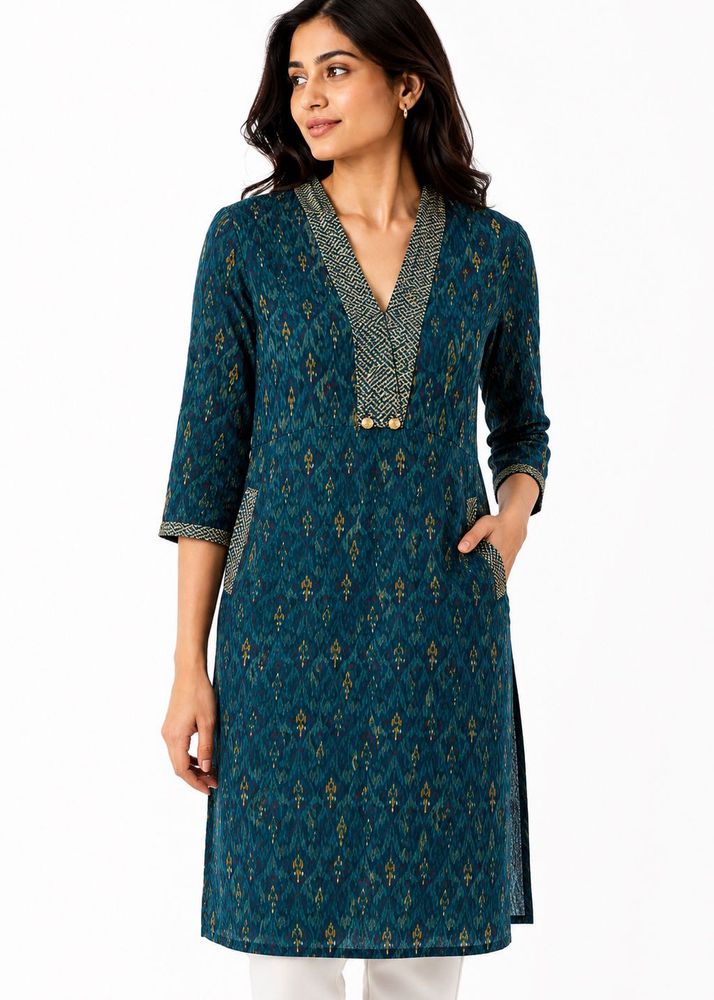 Teal Blue Ethnic Kurta with Gold Print