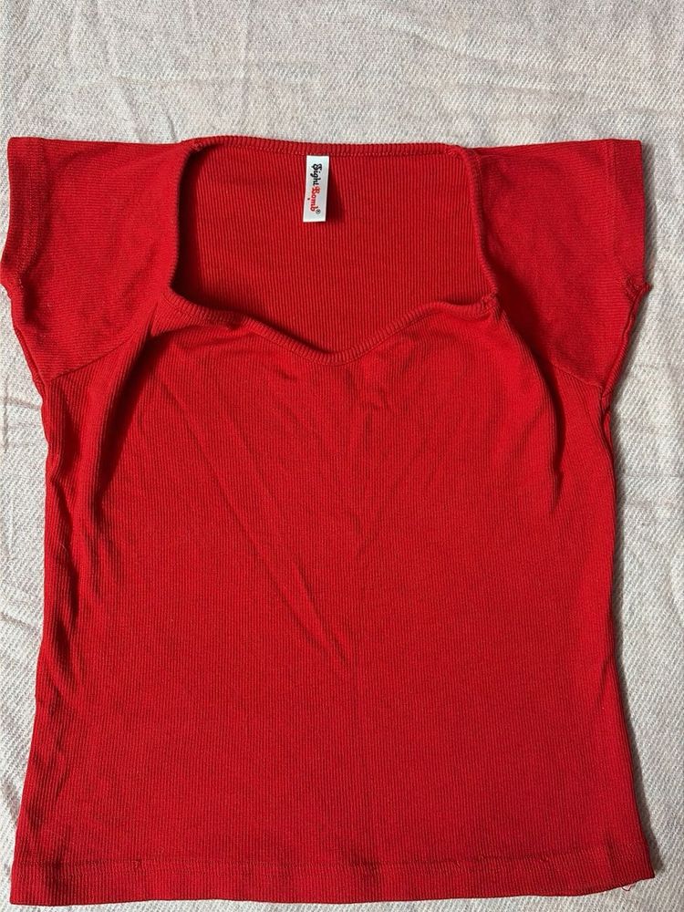 Red Ribbed Square Neck Top