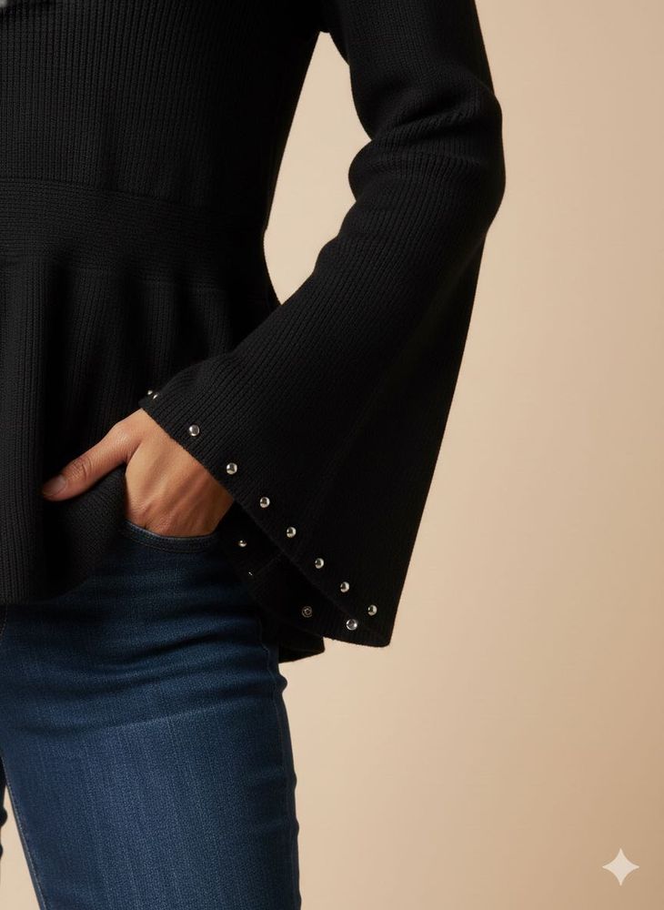 Black Peplum Top with Studded Sleeves