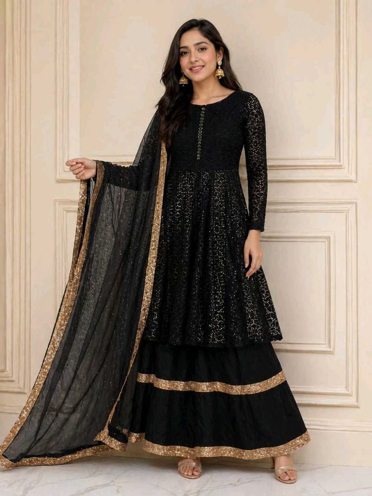 Elegant Black &amp; Gold Kurta skirt Set 3pc