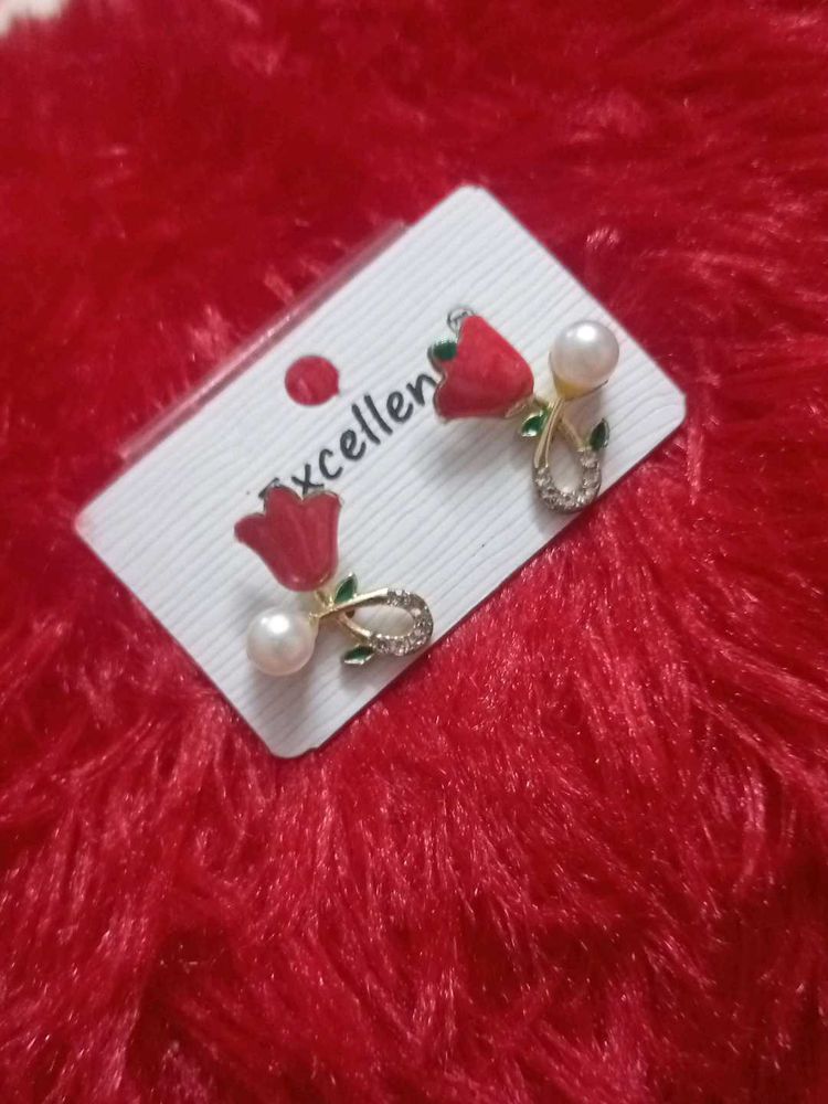 Pearl &amp; Red Tulip Stud Earrings